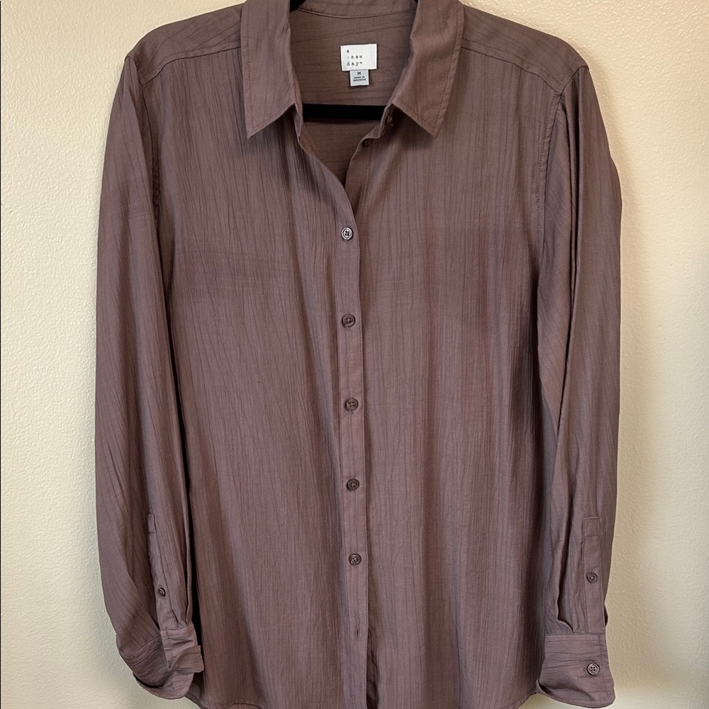 A New Day Mauve-Brown Button Front Blouse